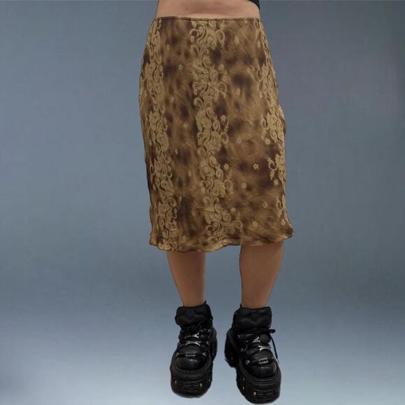 INC International Concepts Silk Skirt 8 Brown Lace Midi Boho Y2K Paisley Fairy - Picture 3 of 7